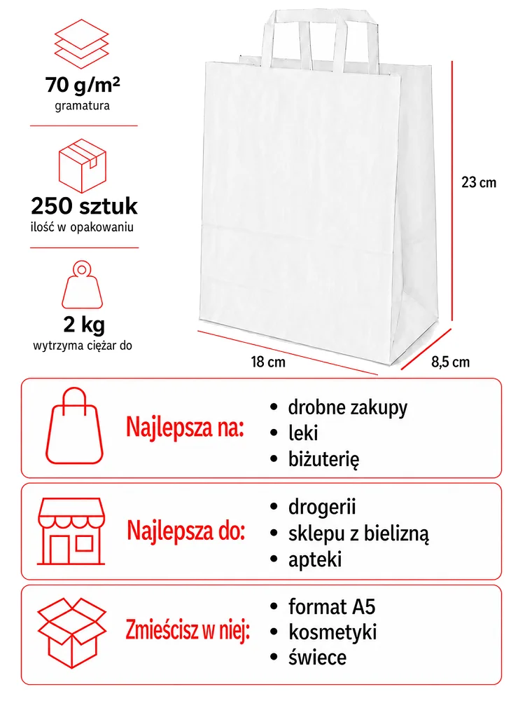 Torby papierowe klockowe białe 18 x 8,5 x 23 cm z płaskim uchem 250 sztuk