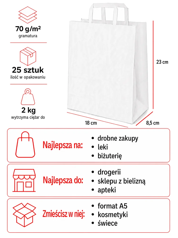 Torby papierowe klockowe białe 18 x 8,5 x 23 cm z płaskim uchem 25 sztuk