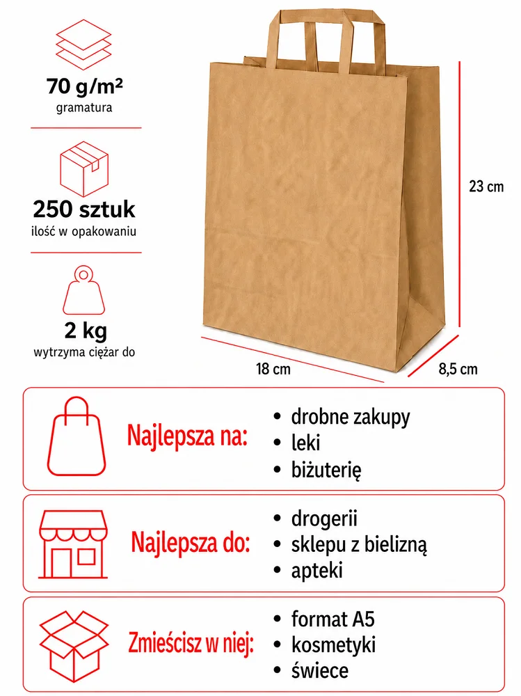 Torby papierowe klockowe szare 18 x 8,5 x 23 cm z płaskim uchem 250 sztuk