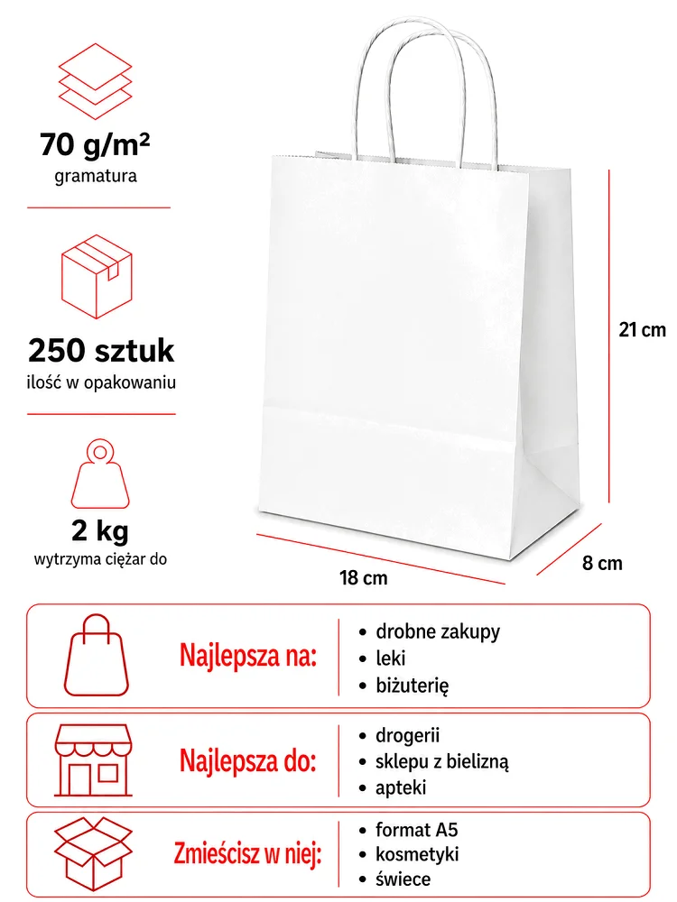 Białe torebki papierowe 18 x 8 x 21 cm z uchem skręcanym 250 sztuk