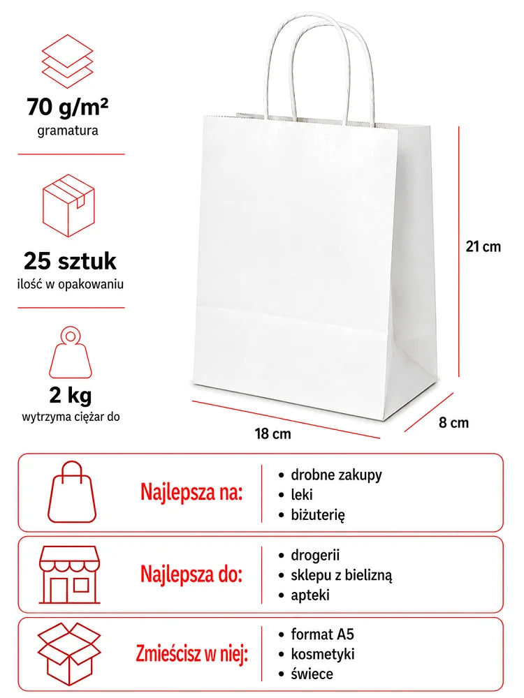Białe torebki papierowe 18 x 8 x 21 cm z uchem skręcanym 25 sztuk