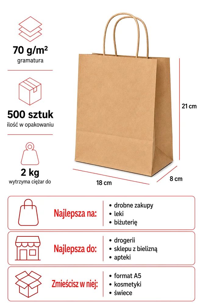 Szare torebki papierowe 18 x 8 x 21 cm z uchem skręcanym 500 sztuk
