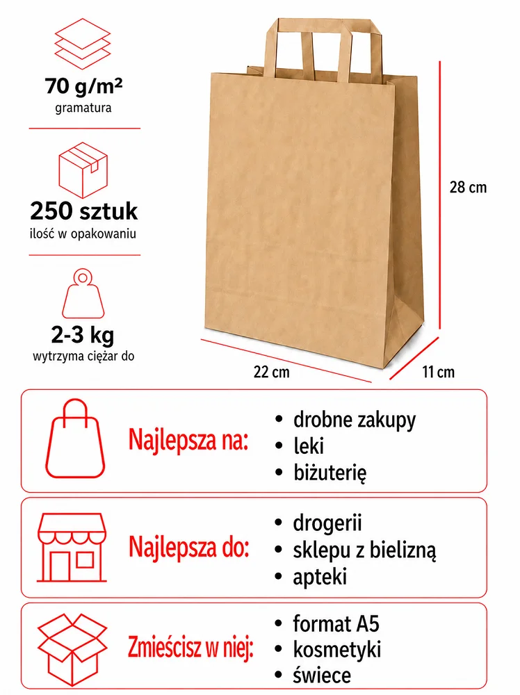Szare torby papierowe klockowe 22 x 11 x 28 cm z płaskim uchem 250 sztuk