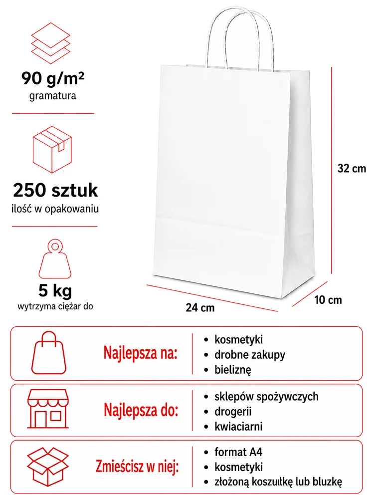 Białe torby papierowe 24 x 10 x 32 cm z uchem skręcanym 250 sztuk