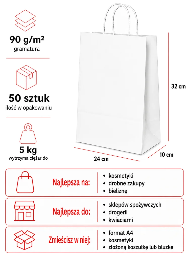 Białe torby papierowe 24 x 10 x 32 cm z uchem skręcanym 50 sztuk
