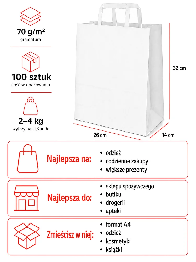 Białe torby papierowe 26 x 14 x 32 cm z płaskim uchem 100 sztuk