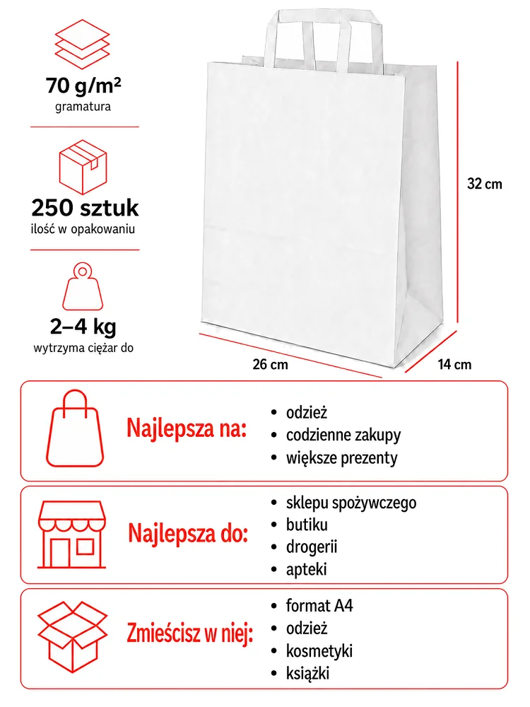 Białe torby papierowe 26 x 14 x 32 cm z płaskim uchem 250 sztuk