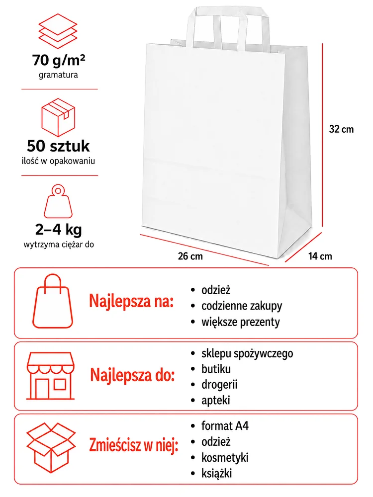 Białe torby papierowe 26 x 14 x 32 cm z płaskim uchem 50 sztuk