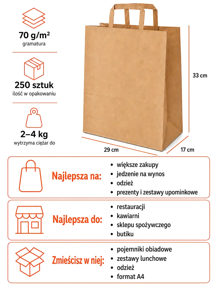 Brązowe torby papierowe 29 x 17 x 33 cm z płaskim uchem 250 sztuk