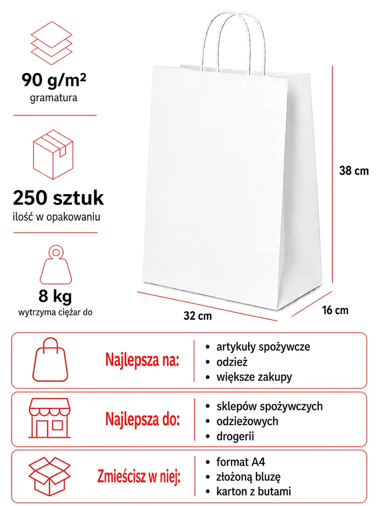 Białe torby papierowe 32 x 16 x 38 cm z uchem skręcanym 250 sztuk