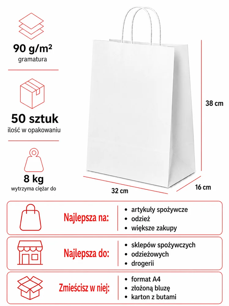 Białe torby papierowe 32 x 16 x 38 cm z uchem skręcanym 50 sztuk