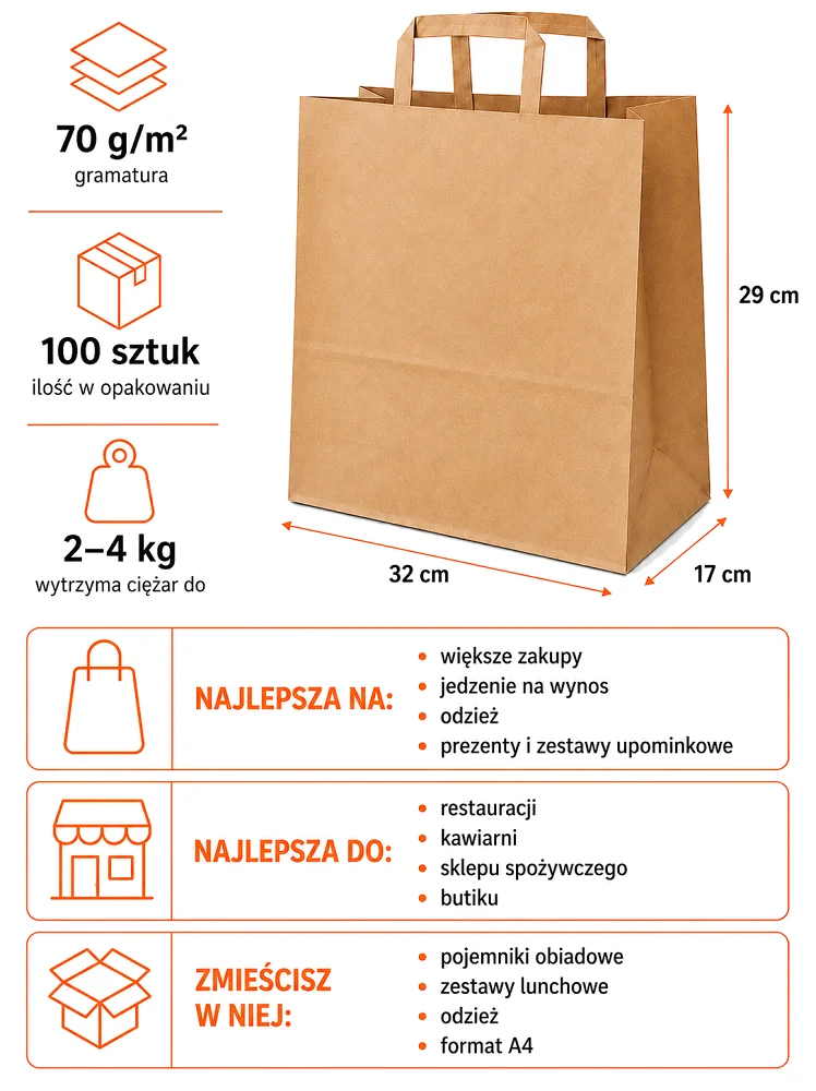 Brązowe torby papierowe 32 x 17 x 29 cm z płaskim uchem 100 sztuk