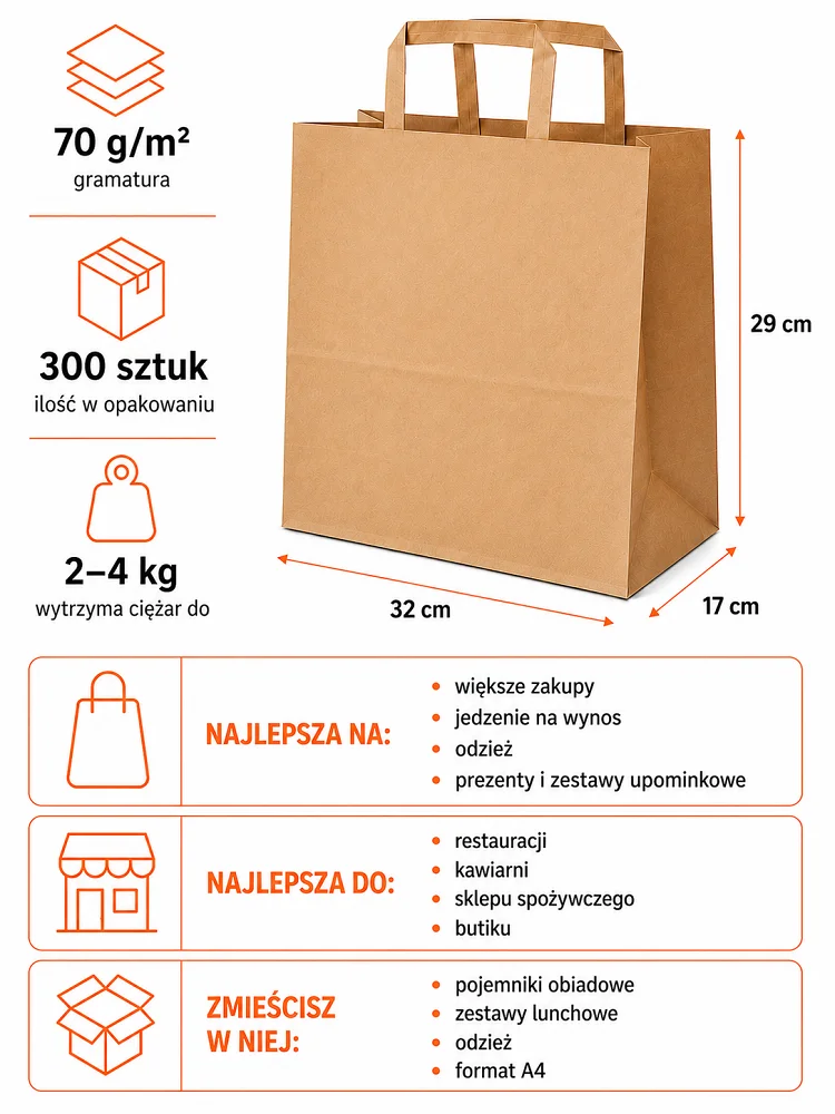 Brązowe torby papierowe 32 x 17 x 29 cm z płaskim uchem 300 sztuk