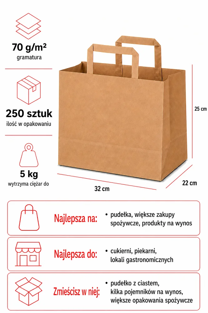 Szare torby papierowe cateringowe 32 x 22 x 25 cm z płaskim uchem