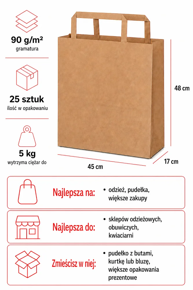 Szare torby papierowe klockowe 45 x 17 x 48 cm 25 sztuk