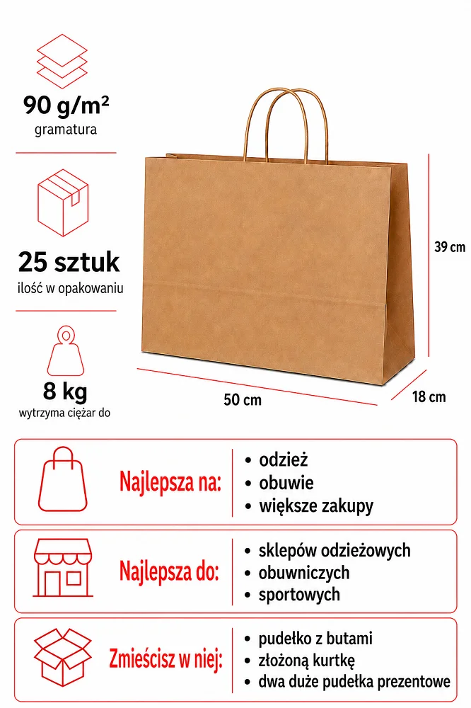 Bardzo duże szare torby papierowe 50 x 18 x 35 cm z uchem skręcanym 25 sztuk